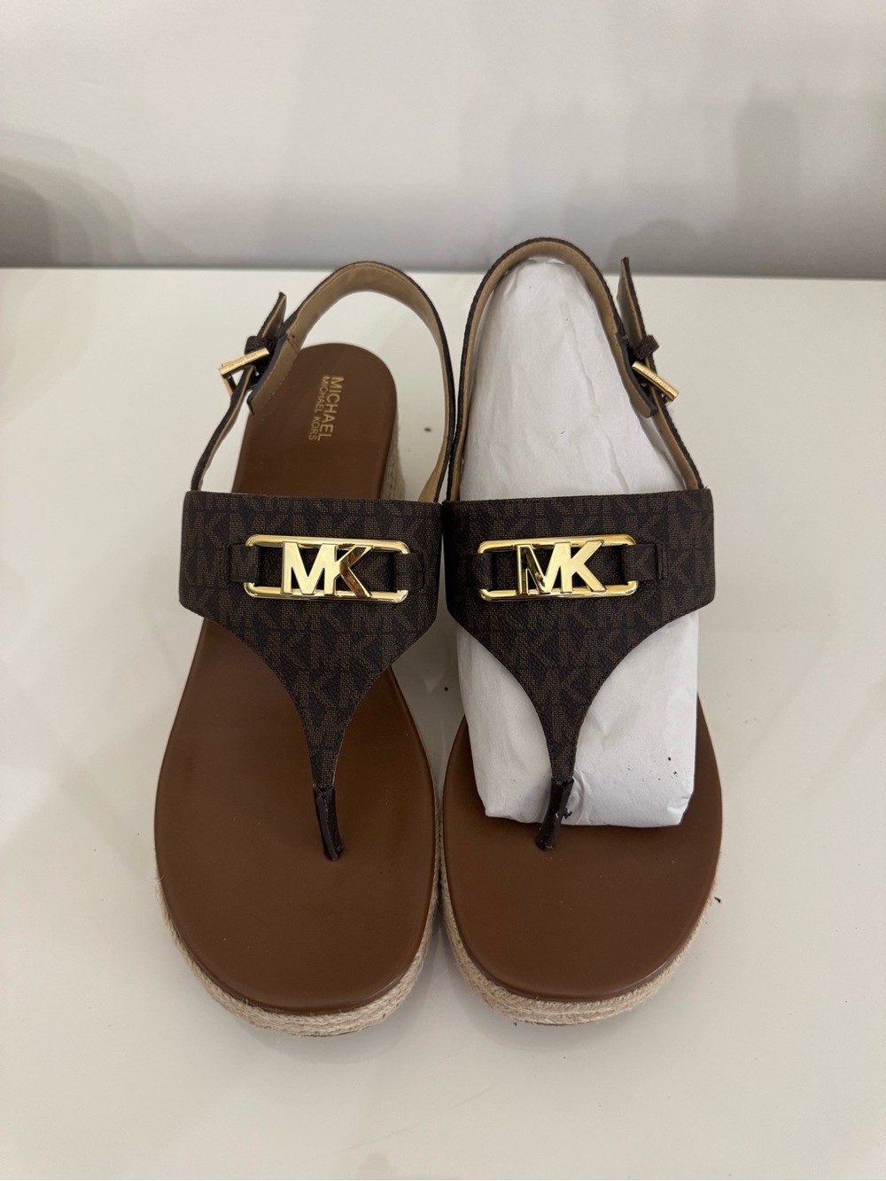 Michael Kors Brown and Gold MK Logo Thong Sandals